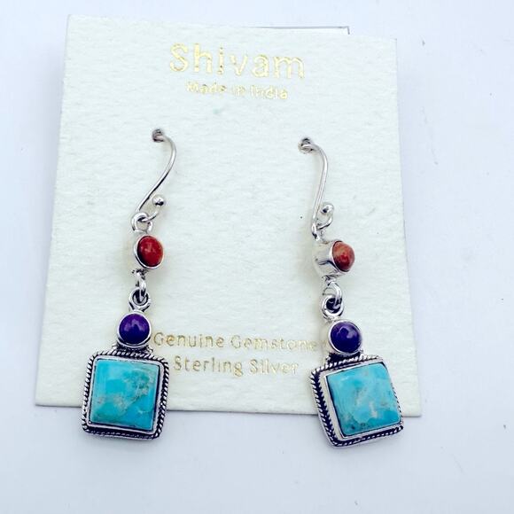 Shivam Sterling Silver Earrings NWT Mohave Turquoise Blue Drop Dangle Boho - Picture 6 of 6